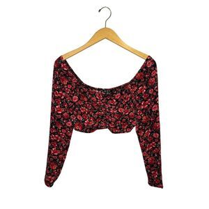 NWOT City Studio Women's Floral Off Shoulder Cropped Blouse XXS Red Black